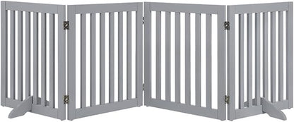unipaws 24" H Free Standing Pet Gate for Dog Cat, Wooden Dog Gates for Doorway, Stairs, Step Over Foldable Pet Fence for The House, Expandable Barrier, Indoor Use, Grey