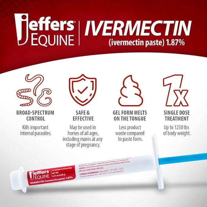 Jeffers Ivermectin Gel Dewormer for Horses - Apple Flavored, 1.87% Broad Spectrum Dewormer Paste - Effective Parasite Control for Worms, Pinworms, Bots & More - Safe for Equine of All Ages- 1 Pack