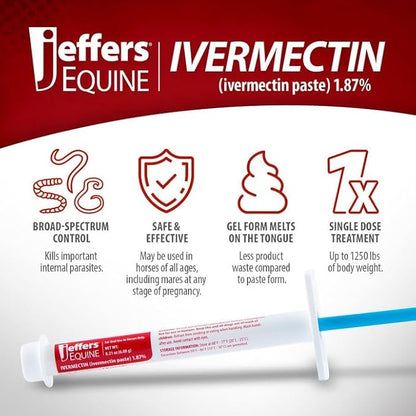Jeffers Ivermectin Gel Dewormer for Horses - Apple Flavored, 1.87% Broad Spectrum Dewormer Paste - Effective Parasite Control for Worms, Pinworms, Bots & More - Safe for Equine of All Ages- 1 Pack