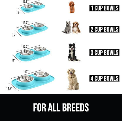 GORILLA GRIP Feeding Mat Bowl Set, 100% Waterproof BPA Free Silicone, 304 Stainless Steel Cat and Dog Bowls for Food and Water, Slip Resistant, High Edge, US Designed, Patent Pending, 1 Cup Turquoise