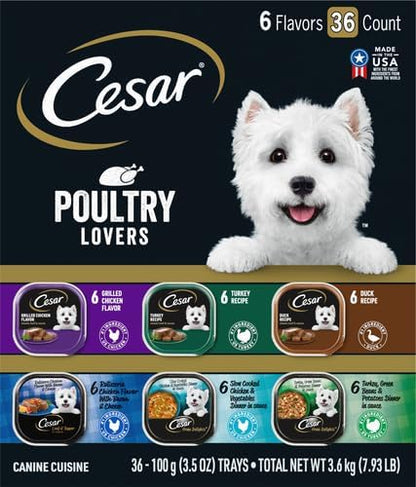 Cesar Classic Loaf in Sauce Adult Wet Dog Food Poultry Lovers Variety Pack with Real Chicken,Turkey or Duck,3.5 oz Easy Peel Trays,36 Count (Pack of 2)