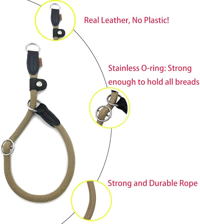 Braided Round Martingale Dog Collar, Training Collar with Slidable Stop Ring and Adjustable Stopper - Ideal for Extra Large Dogs (XL(1/2") - 24" Long, Khaki)