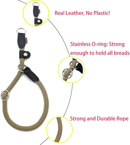 Braided Round Martingale Dog Collar, Training Collar with Slidable Stop Ring and Adjustable Stopper - Ideal for Extra Large Dogs (XL(1/2") - 24" Long, Khaki)