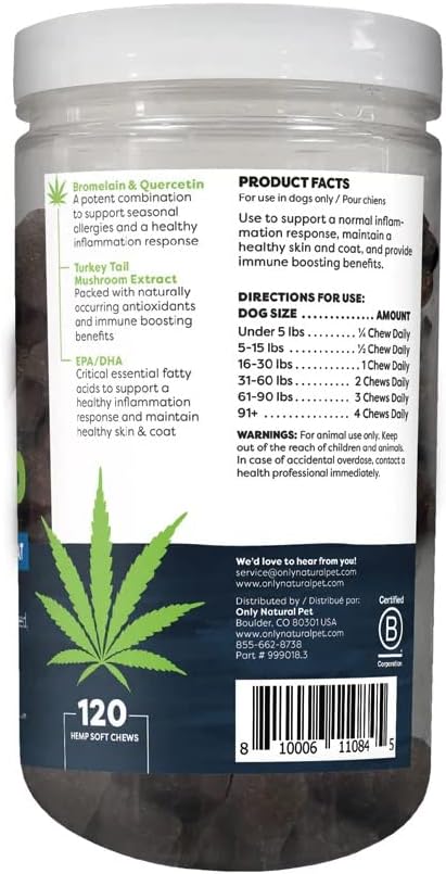 Only Natural Pet Allergy, Skin & Coat Hemp Soft Chews - Allergy Immune Bites for Dogs, Omega 3 Supplement, Calming Treats for Itchy Skin Relief, Hot Spot - (120 Count) (Al.)