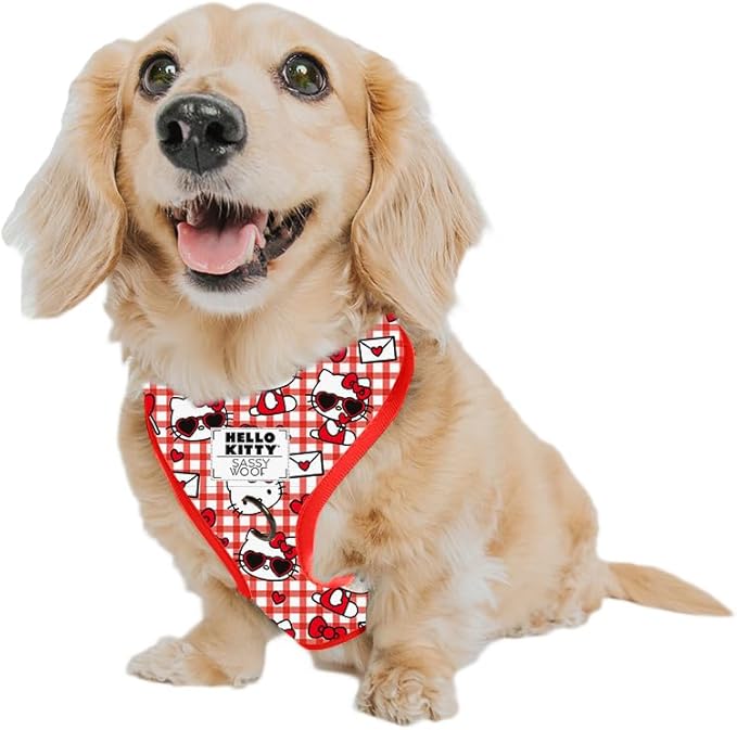 Sassy Woof Dog Adjustable Harness - Hello Kitty® Red Classic- XS, Breathable Mesh, No Pull Design with Two D-Rings, Patented Design, Perfect for Small Dogs and Puppies