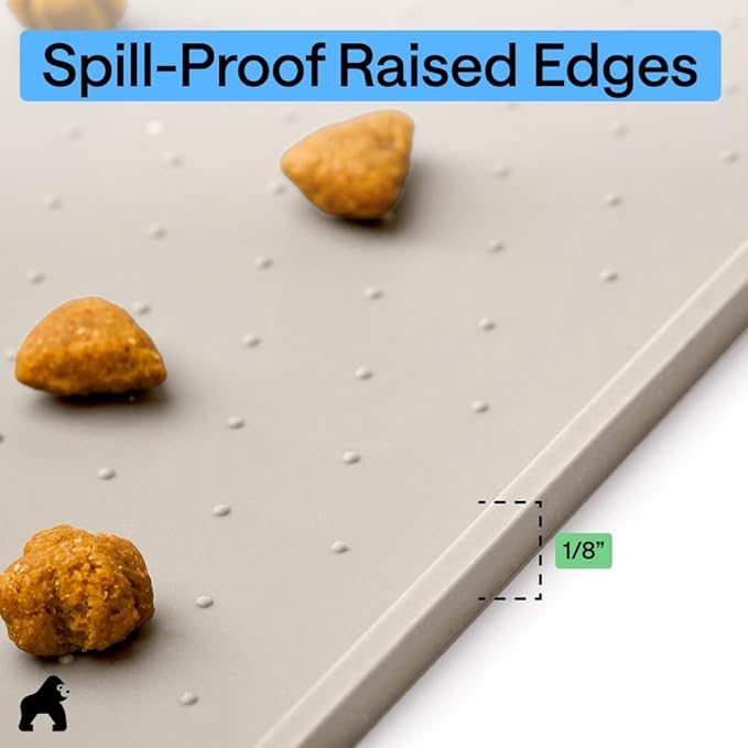 GORILLA GRIP 100% Waterproof Raised Edge BPA Free Silicone Pet Feeding Mat, Dog Cat Food Mats Contain Spills Protects Floors, Placemats for Cats and Dogs Water Bowl, Pets Accessories 18.5x11.5 Beige