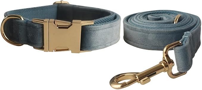 Love Dream Velvet Dog Collar and Leash Set, Soft & Comfy Adjustable Dog Leash and Collar with Heavy Duty Metal Buckle for Small Medium Large Dogs Training & Walking (XLarge, Pearl Blue)