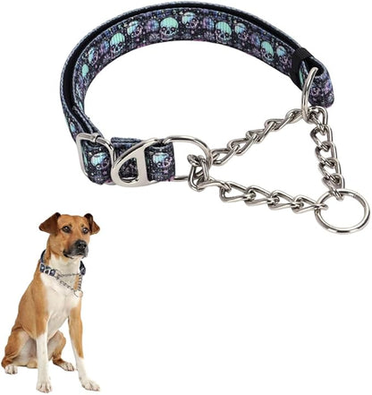 Reflective Martingale Collar for Dogs with Steel Chain, Adjustable No Pull Dog Training with Soft Padded for Large Breed Dogs, Medium, XL, XXL Walking Collar Skull M