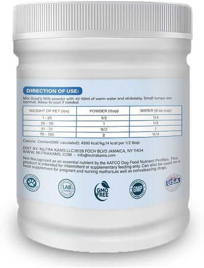 Nutra Kams Goat Milk Powder with Taurine for Puppies and Dogs Digestive Health, Strong Bones and Healthy Teeth.14. oz, 100% Natural.
