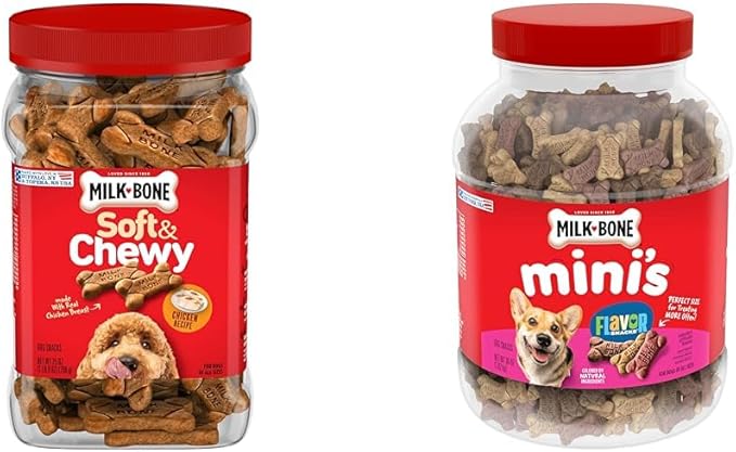 Milk-Bone Dog Treats Bundle: Soft & Chewy Chicken 25 Ounce + Flavor Snacks Mini's Dog Biscuits 36 Ounce