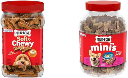 Milk-Bone Dog Treats Bundle: Soft & Chewy Chicken 25 Ounce + Flavor Snacks Mini's Dog Biscuits 36 Ounce