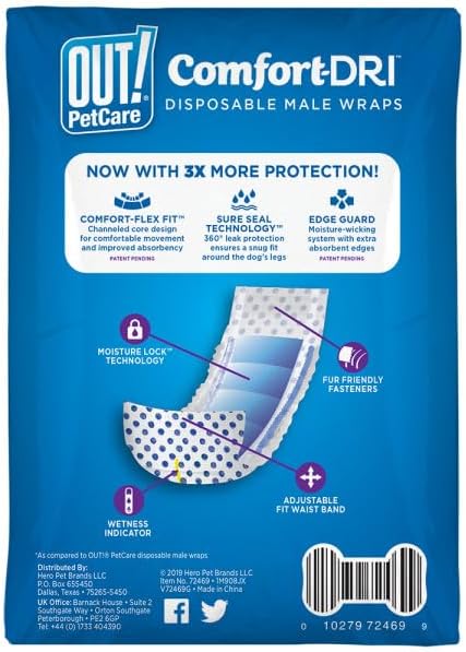 OUT! PetCare Disposable Dog Diapers Male, Puppy Belly Band, Potty Training, Doggie Diapers, Belly Bands for Male Dogs, Puppy Training, Adjustable Fasteners, Incontinence, (XS/S, 12ct)