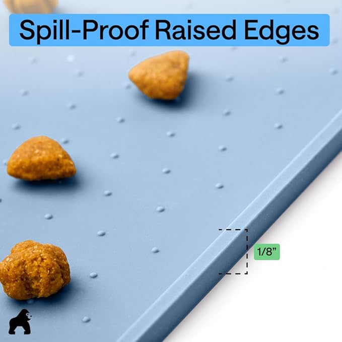 GORILLA GRIP 100% Waterproof Raised Edge BPA Free Silicone Pet Feeding Mat, Dog Cat Food Mats Contain Spills Protects Floors, Placemats for Cats and Dogs Water Bowl, Pets Accessories 28x18 Blue