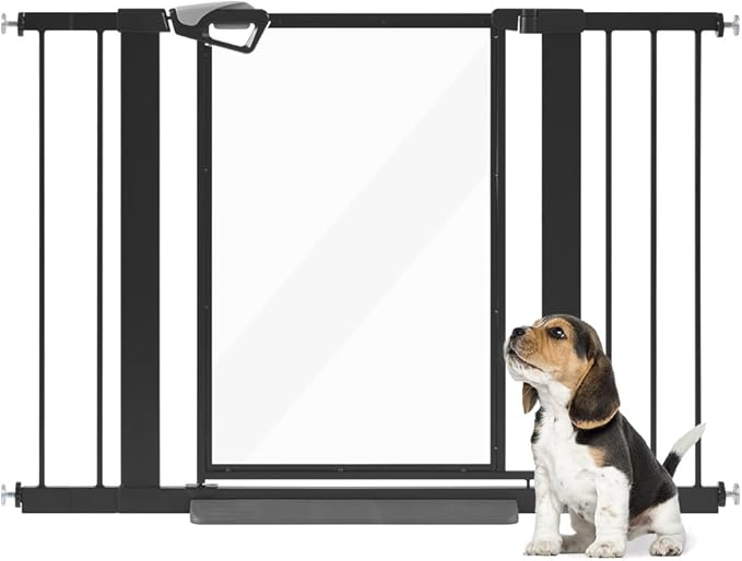 unipaws Clear Dog Gate for Doorway Stairs Wide Openings, Pressure Mounted Extra Wide Pet Door with Extension Parts, No Drilling Walk Through Gate, Indoor, Black