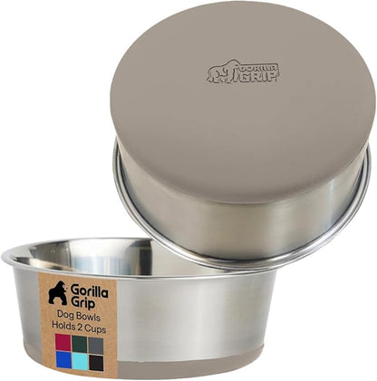 GORILLA GRIP Dog Bowls, Food Grade 304 Stainless Steel, Holds 2 Cups Each (16 fl oz) Food and Water Bowl for Feeding Dogs and Cats, Dishwasher Safe, Rust Resistant, BPA Free Rubber Base Set of 2 Beige