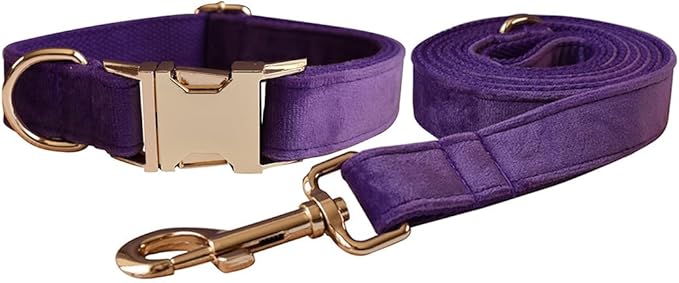 Love Dream Velvet Dog Collar and Leash Set, Soft & Comfy Adjustable Dog Leash and Collar with Heavy Duty Metal Buckle for Small Medium Large Dogs Training & Walking (Small, Dark Purple)