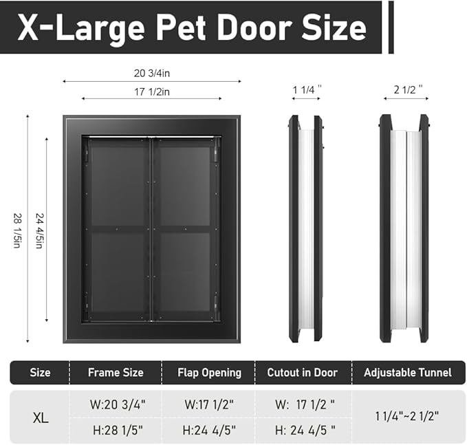 Aluminum French Extra Large Dog Door, Heavy-Duty with Strong Double Magnetic Flaps & Aluminum Telescoping Tunnel, for X-Large/Large Dogs Up to 200LBS - Black,