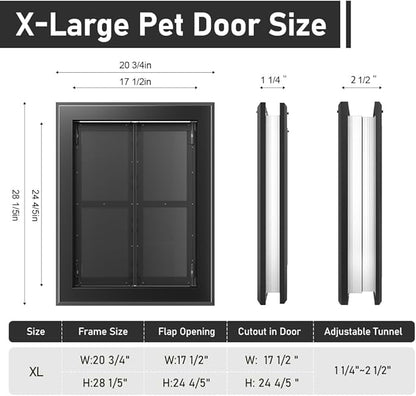 【PATAPLUS】 Aluminum French Large Dog Door,Strong Double Magnetic Flaps,with Aluminum Telescoping Tunnel Heavy-Duty Do g Door for X-Large and L arge Dog Up to 200LBS (Black, X-Large)