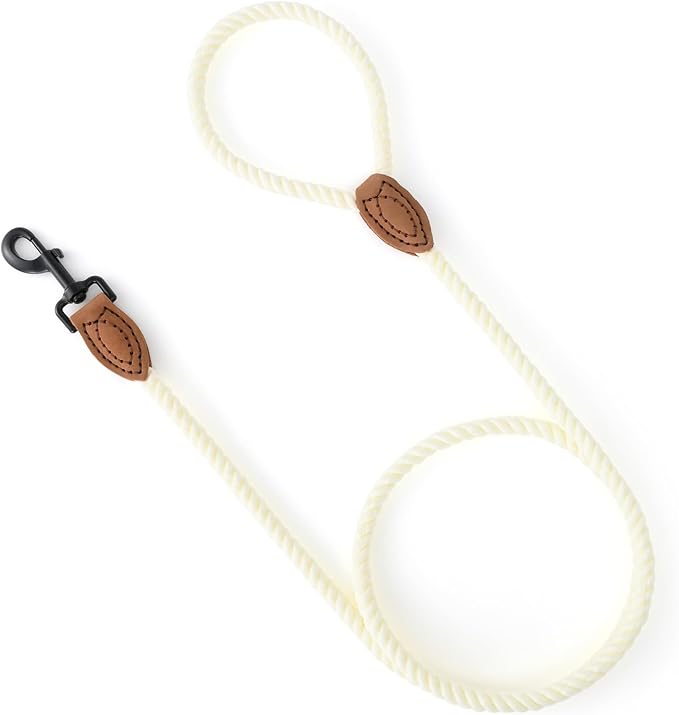 Mile High Life Dog Leash, Braided Cotton Rope Leashes with Leather Tailor Tip with Leather Tip - Heavy Duty Metal Clasp, 6FT, 1/2" Thick - Wedding, Walking Leash for Medium Large Dogs(Cream White)