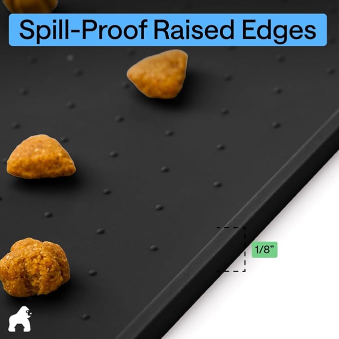 GORILLA GRIP 100% Waterproof Raised Edge BPA Free Silicone Pet Feeding Mat, Dog Cat Food Mats Contain Spills Protects Floors, Placemats for Cats and Dogs Water Bowl, Pets Accessories 32x24 Black