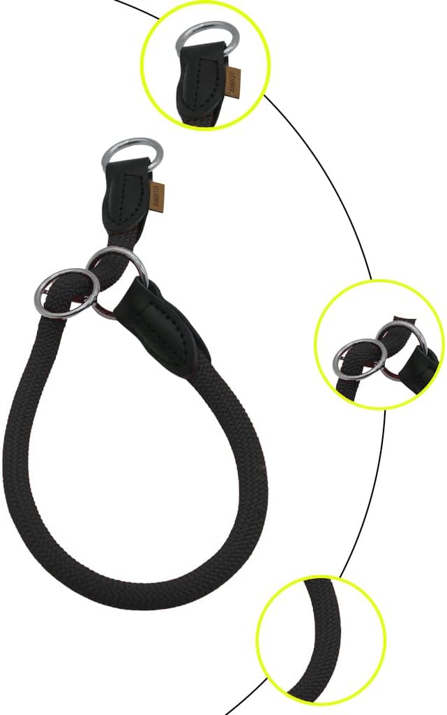 Braided Round Martingale Dog Collar, Training Collar with Slidable Stop Ring - Ideal for Small Medium Dogs (M- (1/3") - 18" Long, Black)