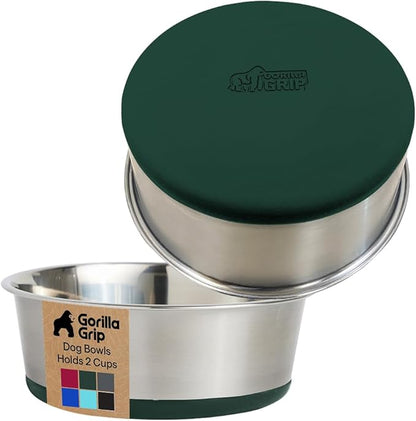 GORILLA GRIP Dog Bowls, Food Grade 304 Stainless Steel, Holds 2 Cups Each (16 fl oz) Food and Water Bowl for Feeding Dogs and Cats, Dishwasher Safe, Rust Resistant, BPA Free Rubber Base Set of 2 Green