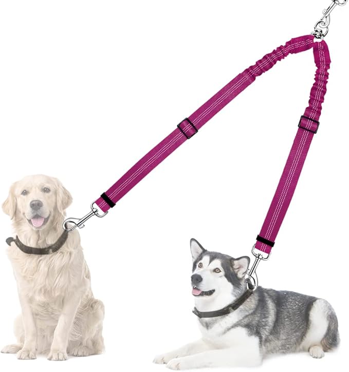 AUTOWT Double Dog Leash, No Tangle 360°Swivel Rotation Reflective Lead Attachment Adjustable Length Dual Two Dogs Lead Splitter, Comfortable Shock Absorbing Walking Training for 2 Dogs