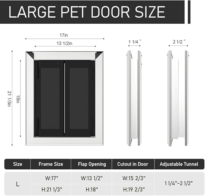 Aluminum French Large Dog Door,Strong Double Magnetic Flaps,with Aluminum Telescoping Tunnel Heavy-Duty Do g Door for L arge and Medium Dog Up to 110LBS (Silver, Large)