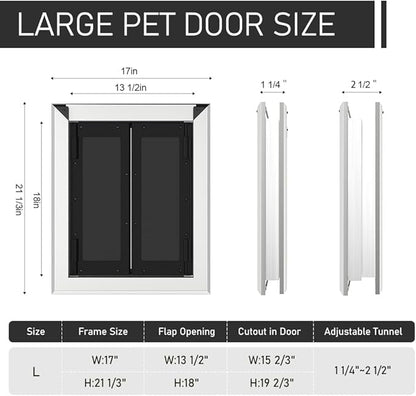 Aluminum French Large Dog Door,Strong Double Magnetic Flaps,with Aluminum Telescoping Tunnel Heavy-Duty Do g Door for L arge and Medium Dog Up to 110LBS (Silver, Large)