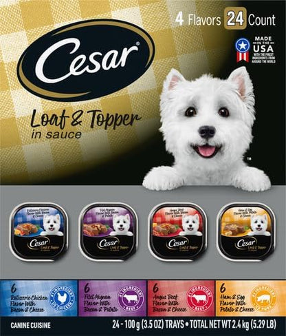 Cesar Loaf in Sauce Wet Dog Food Rotisserie Chicken,Filet Mignon,Angus Beef,and Ham & Egg Flavors Variety Pack,Wet Food for Dogs,3.5 oz Easy Peel Trays,24 Count (Pack of 2)