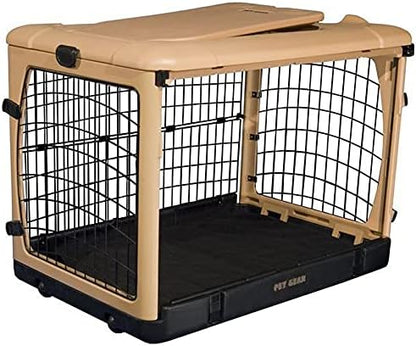Pet Gear “The Other Door” 4 Door Steel Crate for Dogs/Cats with Garage-Style Door, Includes Plush Bed + Travel Bag, No Tools Required, New Tan, 42 Inch