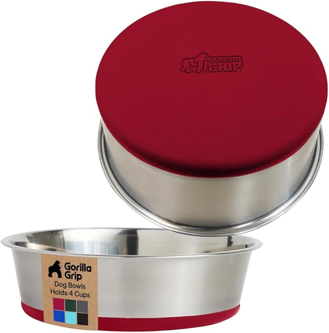 GORILLA GRIP Dog Bowls, Food Grade 304 Stainless Steel, Holds 4 Cups Each (32 fl oz) Food and Water Bowl for Feeding Dogs and Cats, Dishwasher Safe, Rust Resistant, BPA Free Rubber Base Set of 2 Red