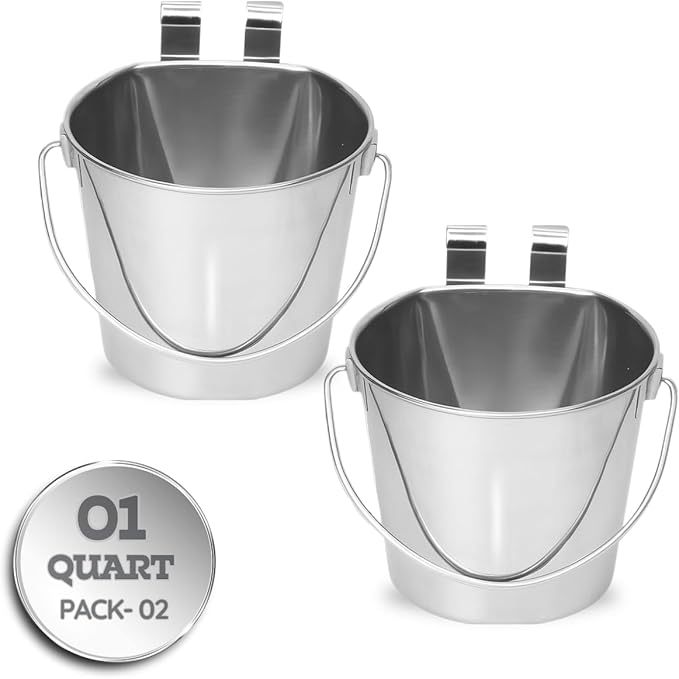 1 Quart Stainless Steel Flat Sided Bucket with Dual Hooks | 2 Pcs Durable Food & Water Bowl for Dog Cats Bird & Small Animals | Fits kennel Cage Crates Hanging Pet Pail | Multipurpose use