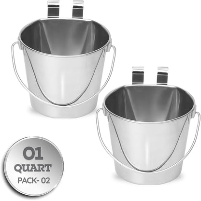 1 Quart Stainless Steel Flat Sided Bucket with Dual Hooks | 2 Pcs Durable Food & Water Bowl for Dog Cats Bird & Small Animals | Fits kennel Cage Crates Hanging Pet Pail | Multipurpose use