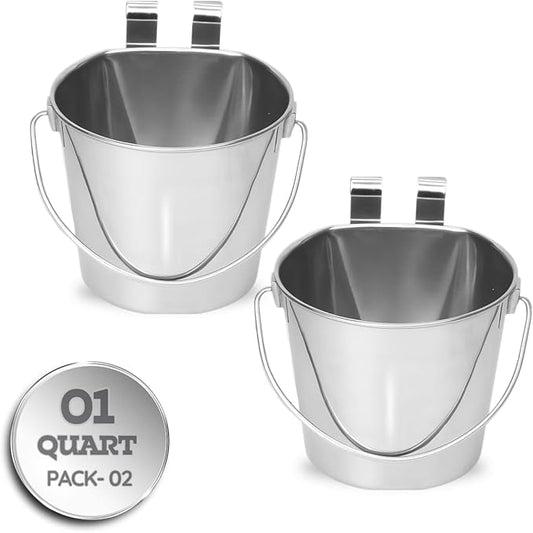 1 Quart Stainless Steel Flat Sided Bucket with Dual Hooks | 2 Pcs Durable Food & Water Bowl for Dog Cats Bird & Small Animals | Fits kennel Cage Crates Hanging Pet Pail | Multipurpose use