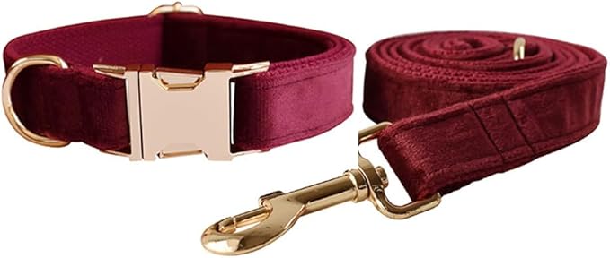 Love Dream Velvet Dog Collar and Leash Set, Soft & Comfy Adjustable Dog Leash and Collar with Heavy Duty Metal Buckle for Small Medium Large Dogs Training & Walking (XLarge, Wine Red)