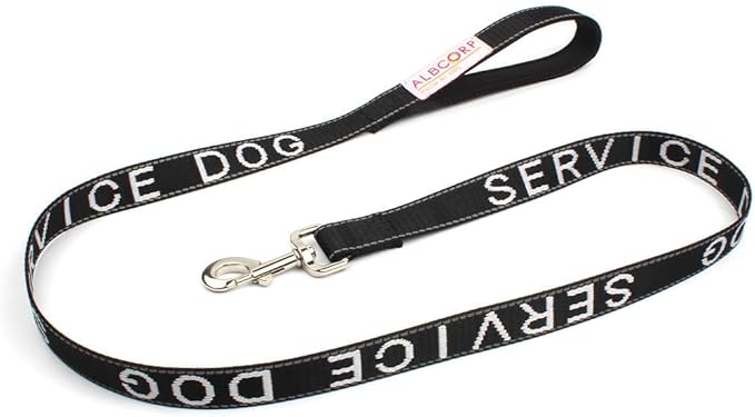 Albcorp Service Dog Leash - Embroidered- with Padded Neoprene Handle and Reflective threads, 4 Feet, for Harnesses, Vests or Collars, Black