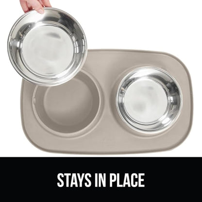 GORILLA GRIP Feeding Mat Bowl Set, 3 Cup 100% Waterproof BPA Free Silicone Base, 304 Stainless Steel Cat and Dog Bowls for Food and Water, Slip Resistant, High Edge, US Designed, Patent Pending, Beige