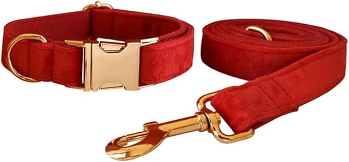 Love Dream Velvet Dog Collar and Leash Set, Soft & Comfy Adjustable Dog Leash and Collar with Heavy Duty Metal Buckle for Small Medium Large Dogs Training & Walking (XLarge, Red)