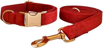 Love Dream Velvet Dog Collar and Leash Set, Soft & Comfy Adjustable Dog Leash and Collar with Heavy Duty Metal Buckle for Small Medium Large Dogs Training & Walking (Medium, Red)