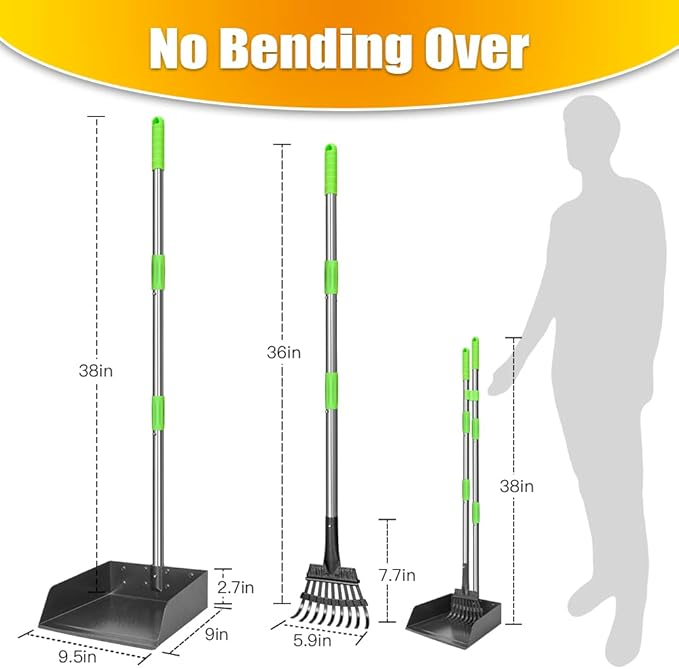 TOOGE Larger Pooper Scooper for Large Dogs, Dog Pooper Scooper for Large Medium Small Dogs Long Handle Stainless Metal Tray and Rake Set Heavy Duty