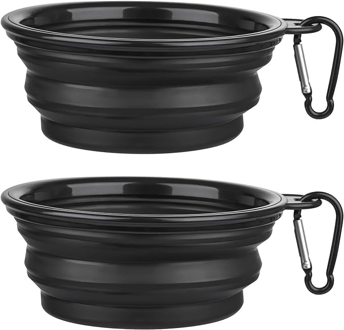 Limpet Collapsible Bowls,Set of 2 Travel Water Bowls for Pets, Portable Pet Feeding Watering Dish for Walking Parking Traveling with 2 Carabiners. (Black+Black, Large)