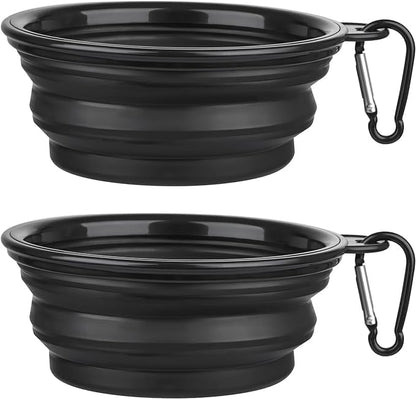 Limpet Collapsible Bowls,Set of 2 Travel Water Bowls for Pets, Portable Pet Feeding Watering Dish for Walking Parking Traveling with 2 Carabiners. (Black+Black, Large)