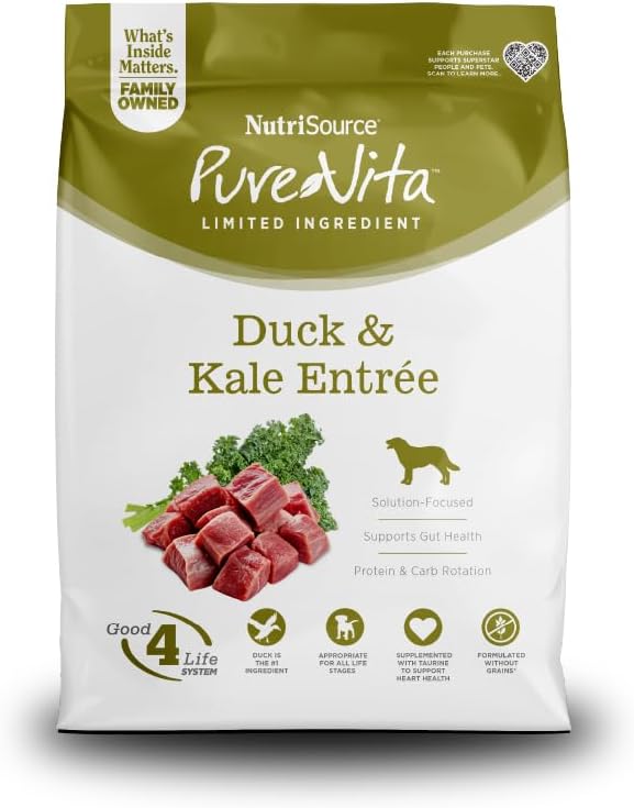 NutriSource Pure Vita Grain Free Duck & Kale Dog Food, 12LB