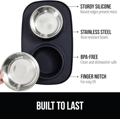 GORILLA GRIP Feeding Mat Bowl Set, 100% Waterproof BPA Free Silicone Base, 304 Stainless Steel Cat and Dog Bowls for Food and Water, Slip Resistant, High Edge, US Designed, Patent Pending, 2 Cup Black