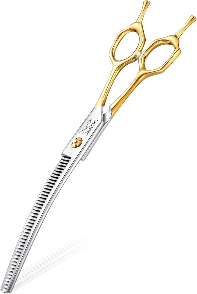 JASON Curved Thinning Dog Scissors - Ergonomic Updated Dog Grooming Shears Sharp Curved Blender 440C Stainless Steel Professional Pet Shears for Groomer 7"