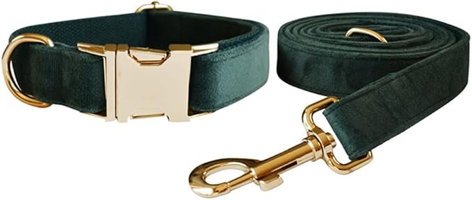 Love Dream Velvet Dog Collar and Leash Set, Soft & Comfy Adjustable Dog Leash and Collar with Heavy Duty Metal Buckle for Small Medium Large Dogs Training & Walking (Medium, Green)