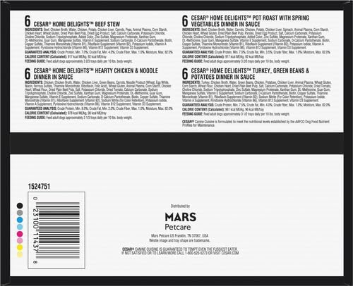 Cesar Home Delights Adult Wet Dog Food,Pot Roast with Spring Vegetables,Beef Stew,Turkey,Green Beans,& Potatoes,and Hearty Chicken & Noodle Dinner in Sauce Variety Pack,3.5 oz.,24 Count (Pack of 2)