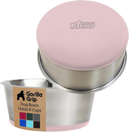 GORILLA GRIP Dog Bowls, Food Grade 304 Stainless Steel, Holds 8 Cups Each (64 fl oz) Food and Water Bowl for Feeding Dogs and Cats, Dishwasher Safe, Rust Resistant, BPA Free Rubber Base Set of 2 Pink