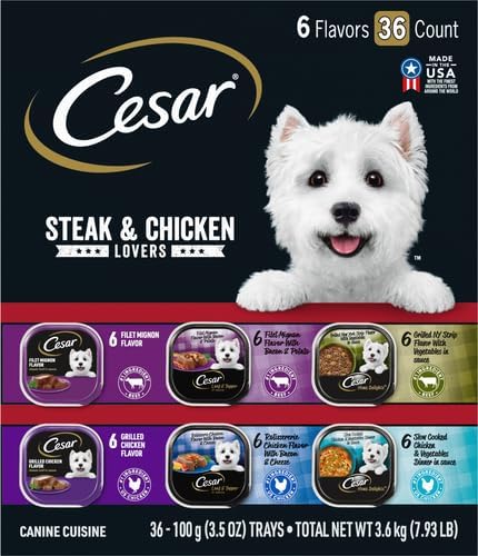 Cesar Wet Dog Food Steak and Chicken Lovers Variety Pack,Adult,Wet Food for Dogs with Real Beef or Chicken,3.5 oz Easy Peel Trays,36 Count (Pack of 2)